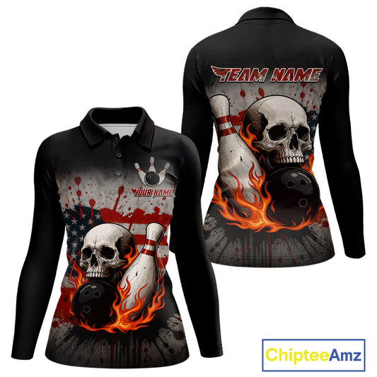 Personalized American Flag Flame Skull Bowling Shirts For Women Custom Patriotic Bowling Team Jersey NQS10462