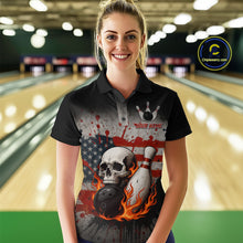 Load image into Gallery viewer, Personalized American Flag Flame Skull Bowling Shirts For Women Custom Patriotic Bowling Team Jersey NQS10462