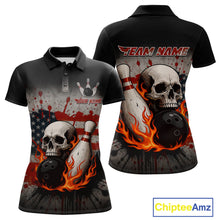Load image into Gallery viewer, Personalized American Flag Flame Skull Bowling Shirts For Women Custom Patriotic Bowling Team Jersey NQS10462