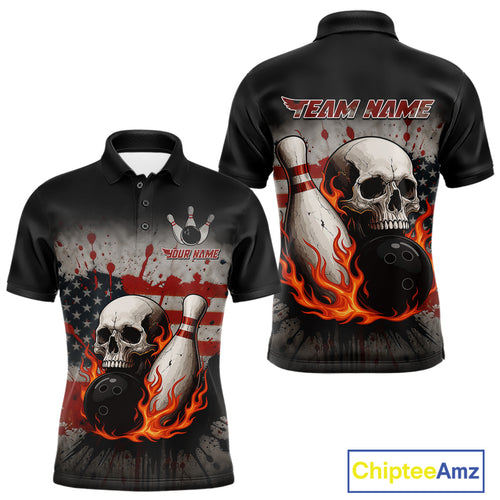 Personalized American Flag Flame Skull Bowling Shirts For Men Custom Patriotic Bowling Team Jersey NQS10462