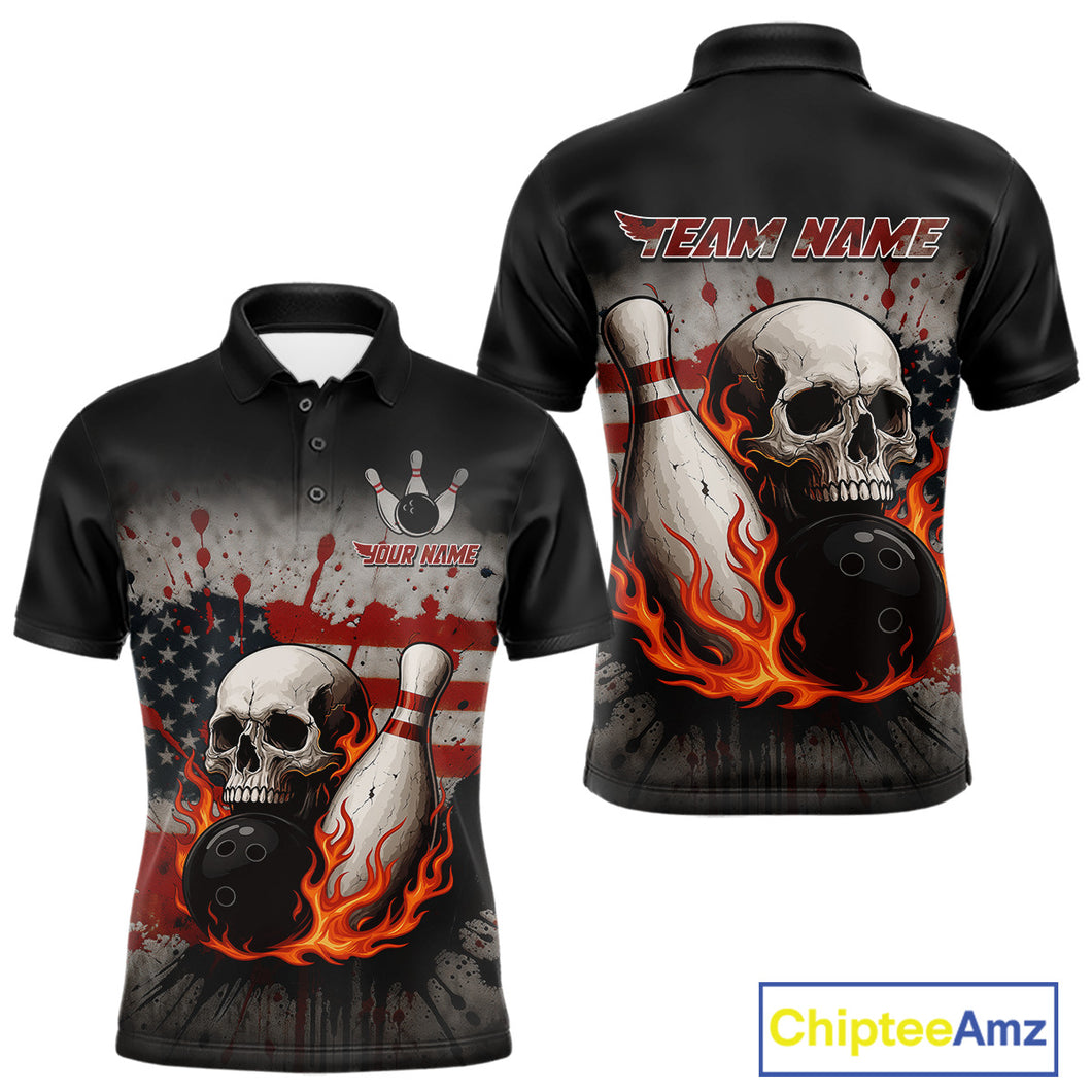 Personalized American Flag Flame Skull Bowling Shirts For Men Custom Patriotic Bowling Team Jersey NQS10462