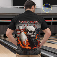 Load image into Gallery viewer, Personalized American Flag Flame Skull Bowling Shirts For Men Custom Patriotic Bowling Team Jersey NQS10462