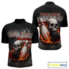 Load image into Gallery viewer, Personalized American Flag Flame Skull Bowling Shirts For Men Custom Patriotic Bowling Team Jersey NQS10462
