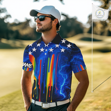 Load image into Gallery viewer, Blue lightning thunder rainbow American Flag Men golf polo shirts Custom patriotic mens golf outfit NQS10154