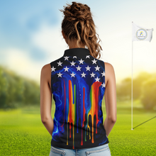 Load image into Gallery viewer, Blue lightning thunder rainbow American Flag Women sleeveless polo shirt, patriotic golf outfit NQS10154