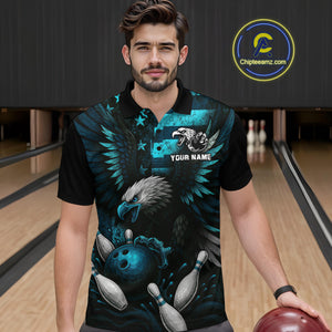 Custom Turquoise Vintage Us Flag Patriotic Eagle Bowling Shirt For Men, Retro Bowling Team Jerseys NQS10477