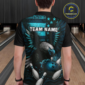 Custom Turquoise Vintage Us Flag Patriotic Eagle Bowling Shirt For Men, Retro Bowling Team Jerseys NQS10477
