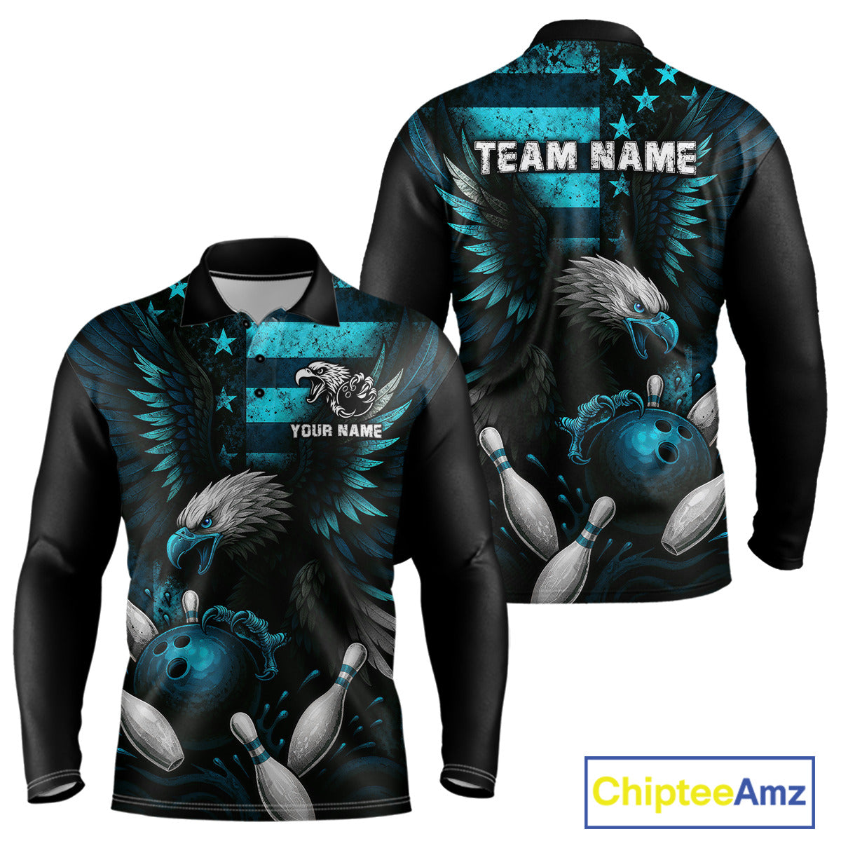 Custom Turquoise Vintage Us Flag Patriotic Eagle Bowling Shirt For Men, Retro Bowling Team Jerseys NQS10477