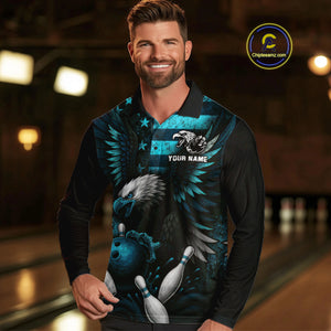 Custom Turquoise Vintage Us Flag Patriotic Eagle Bowling Shirt For Men, Retro Bowling Team Jerseys NQS10477