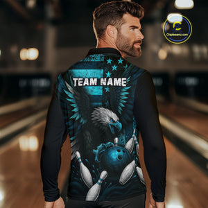 Custom Turquoise Vintage Us Flag Patriotic Eagle Bowling Shirt For Men, Retro Bowling Team Jerseys NQS10477