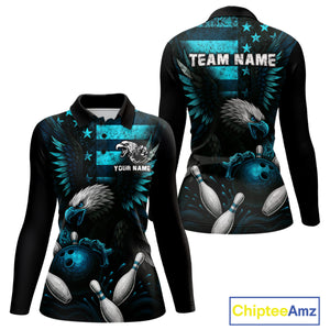 Custom Turquoise Vintage Us Flag Patriotic Eagle Bowling Shirt For Women, Retro Bowling Team Jerseys NQS10477