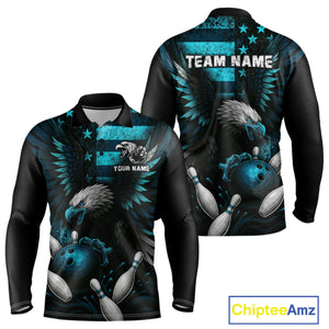 Custom Turquoise Vintage Us Flag Patriotic Eagle Bowling Shirt For Men, Retro Bowling Team Jerseys NQS10477