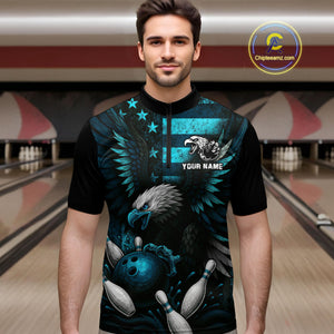 Custom Turquoise Vintage Us Flag Patriotic Eagle Bowling Shirt For Men, Retro Bowling Team Jerseys NQS10477