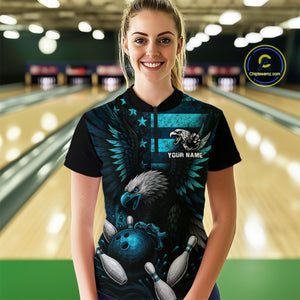 Custom Turquoise Vintage Us Flag Patriotic Eagle Bowling Shirt For Women, Retro Bowling Team Jerseys NQS10477