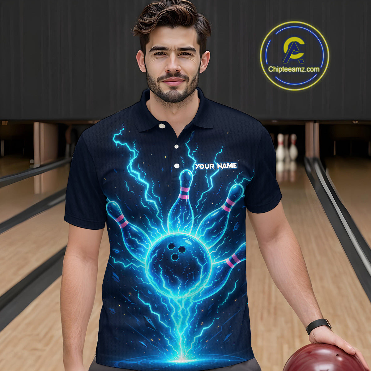 Blue Lightning Thunder Bowling Polo, Quarter Zip Shirts for Men Custom Team Bowling Shirts NQS10520