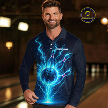Load image into Gallery viewer, Blue Lightning Thunder Bowling Polo, Quarter Zip Shirts for Men Custom Team Bowling Shirts NQS10520