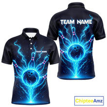 Load image into Gallery viewer, Blue Lightning Thunder Bowling Polo, Quarter Zip Shirts for Men Custom Team Bowling Shirts NQS10520