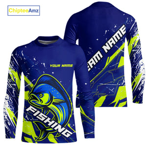 Mahi Mahi fishing sun protection shirts custom name blue and green fishing jerseys for team offshore NQS10331