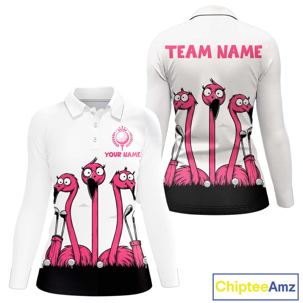 Funny pink flamingo friends white Women golf polo shirts Custom flamingo golf outfits for ladies NQS10201
