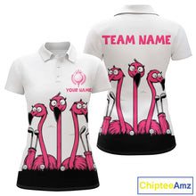 Load image into Gallery viewer, Funny pink flamingo friends white Women golf polo shirts Custom flamingo golf outfits for ladies NQS10201
