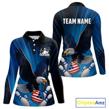 Load image into Gallery viewer, Blue Light Eagle American Flag Women Bowling Polo, 1/4 Zip Shirt Custom Patriotic Team Bowling jersey NQS10350