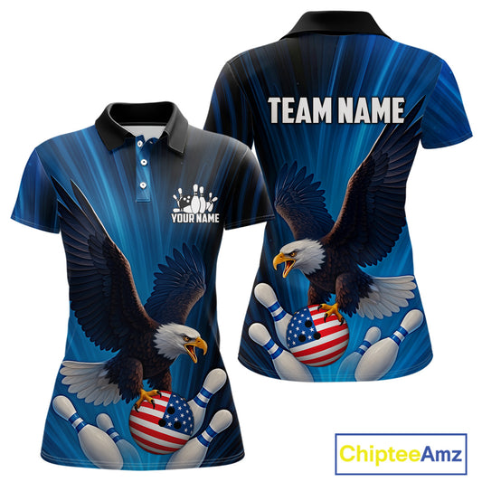 Blue Light Eagle American Flag Women Bowling Polo, 1/4 Zip Shirt Custom Patriotic Team Bowling jersey NQS10350