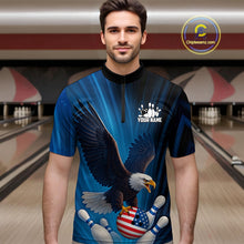 Load image into Gallery viewer, Blue Light Eagle American Flag Men&#39;s Bowling Polo, 1/4 Zip Shirt Custom Patriotic Team Bowling jersey NQS10350
