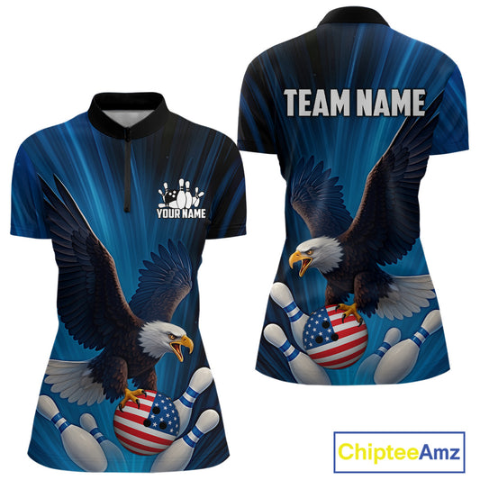 Blue Light Eagle American Flag Women Bowling Polo, 1/4 Zip Shirt Custom Patriotic Team Bowling jersey NQS10350
