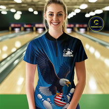 Load image into Gallery viewer, Blue Light Eagle American Flag Women Bowling Polo, 1/4 Zip Shirt Custom Patriotic Team Bowling jersey NQS10350