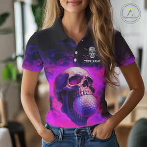 Custom Pink Flame Golf skull Halloween Women golf polo shirt, Personalized Team Skull golf outfit NQS10400