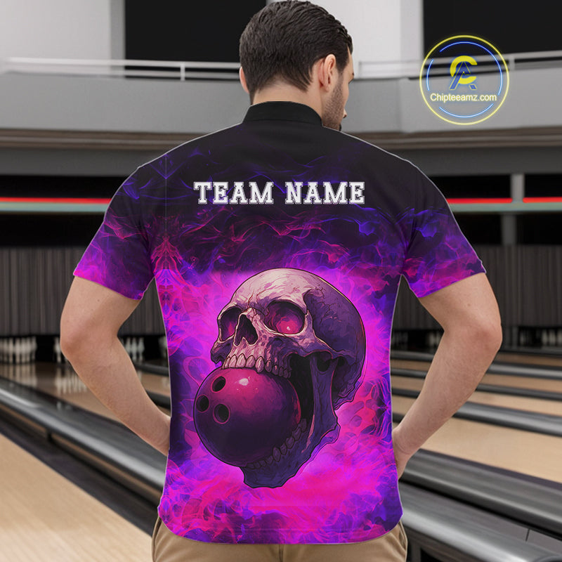 Custom Pink Flame Skull Halloween Bowling Shirts For Men, Personalized Team Bowling Jersey outfit NQS10401