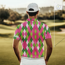 Load image into Gallery viewer, Pink and Green argyle pattern Mens golf polo shirt custom golf jerseys, personalized golf apparel NQS10408