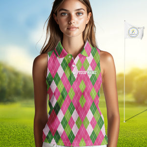 Pink and Green argyle pattern Women Sleeveless polos custom golf jerseys, personalized golf apparel NQS10408