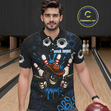 Load image into Gallery viewer, Funny Black and Blue Bowling Cowboy gun Men bowling polo, 1/4 zip shirts Custom bowling team jersey NQS10617