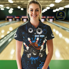 Load image into Gallery viewer, Funny Black and Blue Bowling Cowboy gun Women bowling polo, 1/4 zip shirts Custom bowling team jersey NQS10617