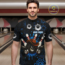 Load image into Gallery viewer, Funny Black and Blue Bowling Cowboy gun Men bowling polo, 1/4 zip shirts Custom bowling team jersey NQS10617