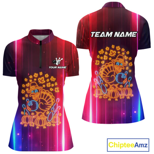 Colorful Neon Autumn Turkey Bowling Shirts for Women Custom Thanksgiving Bowling Team Jerseys NQS10417