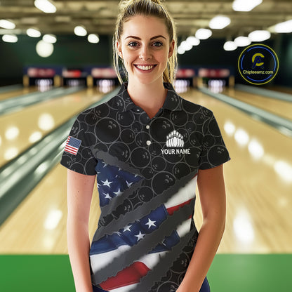 American Flag Women Bowling Shirt Custom Bowling Jersey for Team Patriotic Bowler Polo, 1/4 zip Shirt NQS10427