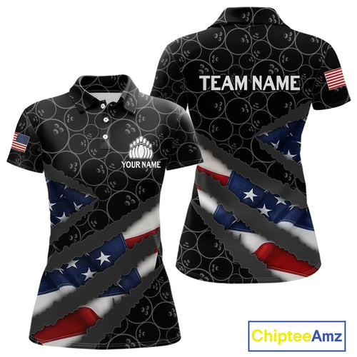 American Flag Women Bowling Shirt Custom Bowling Jersey for Team Patriotic Bowler Polo, 1/4 zip Shirt NQS10427