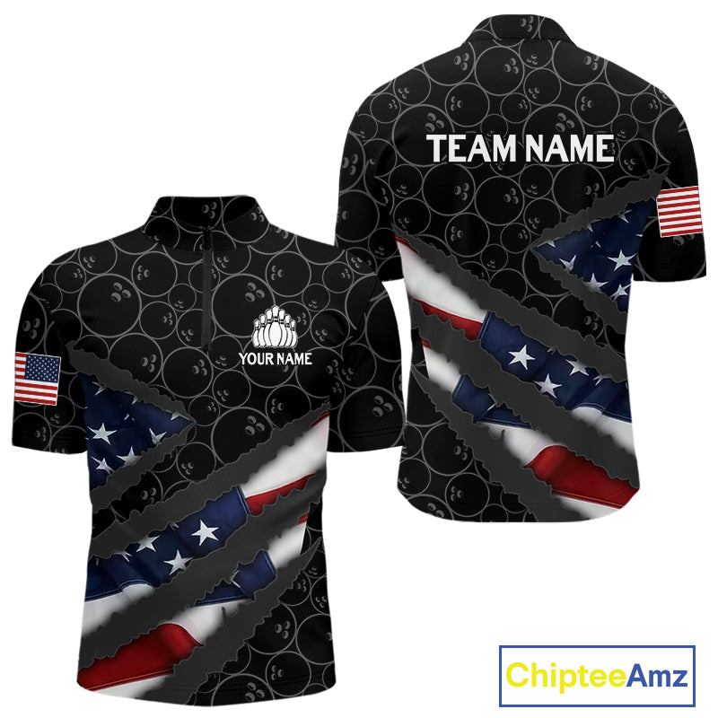 American Flag Mens Bowling Shirt Custom Bowling Jersey for Team Patriotic Bowlers Polo, 1/4 zip Shirt NQS10427