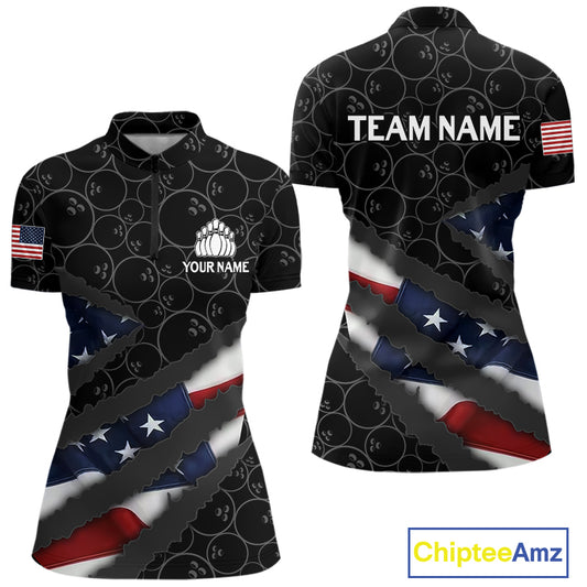American Flag Women Bowling Shirt Custom Bowling Jersey for Team Patriotic Bowler Polo, 1/4 zip Shirt NQS10427