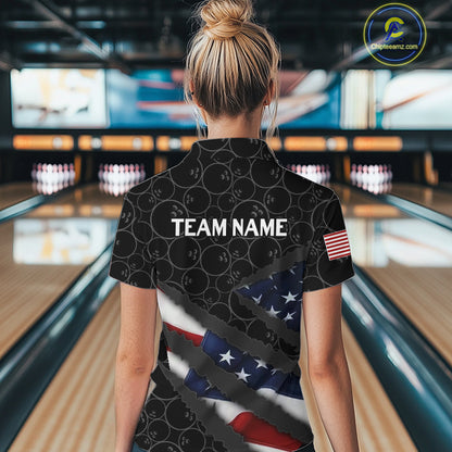 American Flag Women Bowling Shirt Custom Bowling Jersey for Team Patriotic Bowler Polo, 1/4 zip Shirt NQS10427