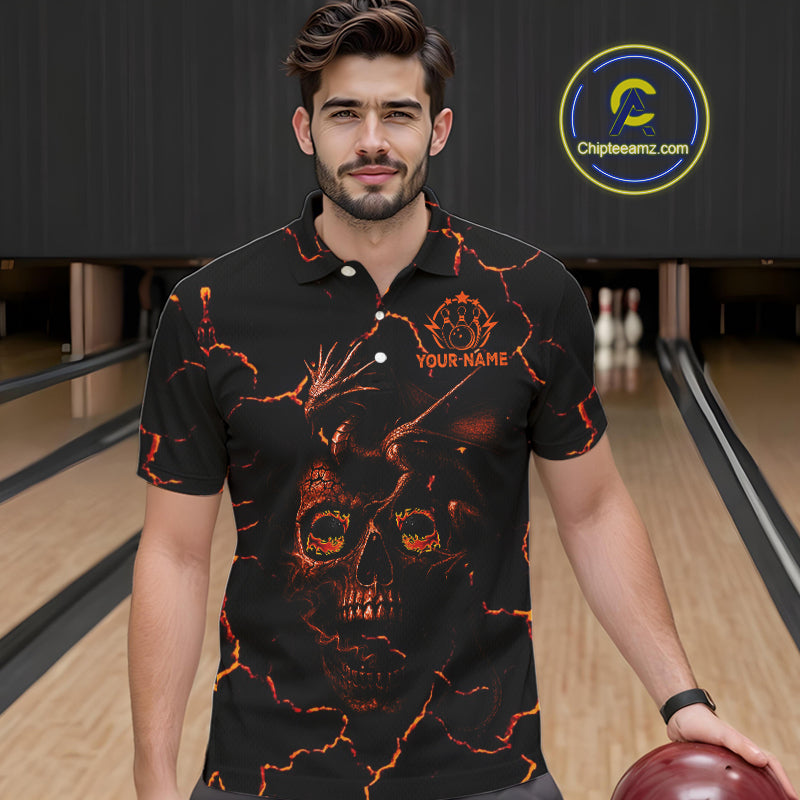 Black And Orange Skull Dragon Bowling Polo, 1/4 Zip Shirt For Men Custom Bowling Team League Jersey NQS10629