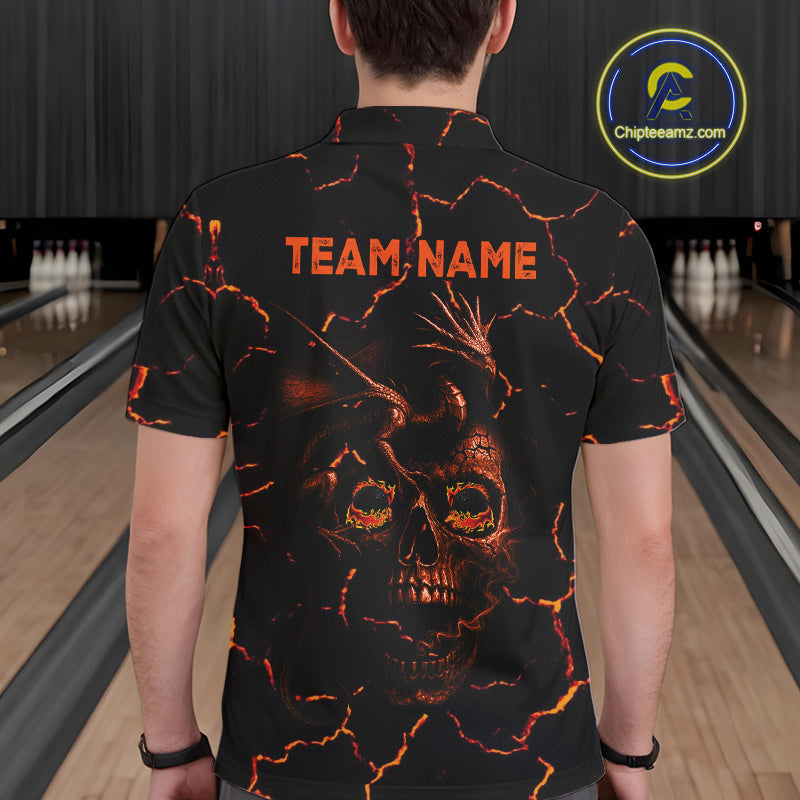 Black And Orange Skull Dragon Bowling Polo, 1/4 Zip Shirt For Men Custom Bowling Team League Jersey NQS10629