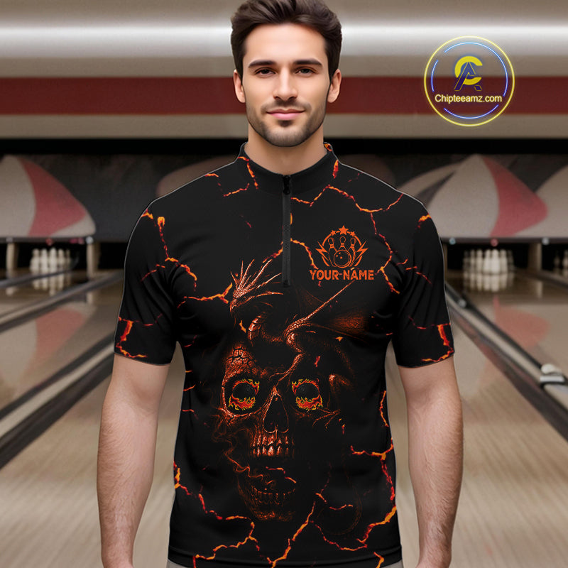 Black And Orange Skull Dragon Bowling Polo, 1/4 Zip Shirt For Men Custom Bowling Team League Jersey NQS10629