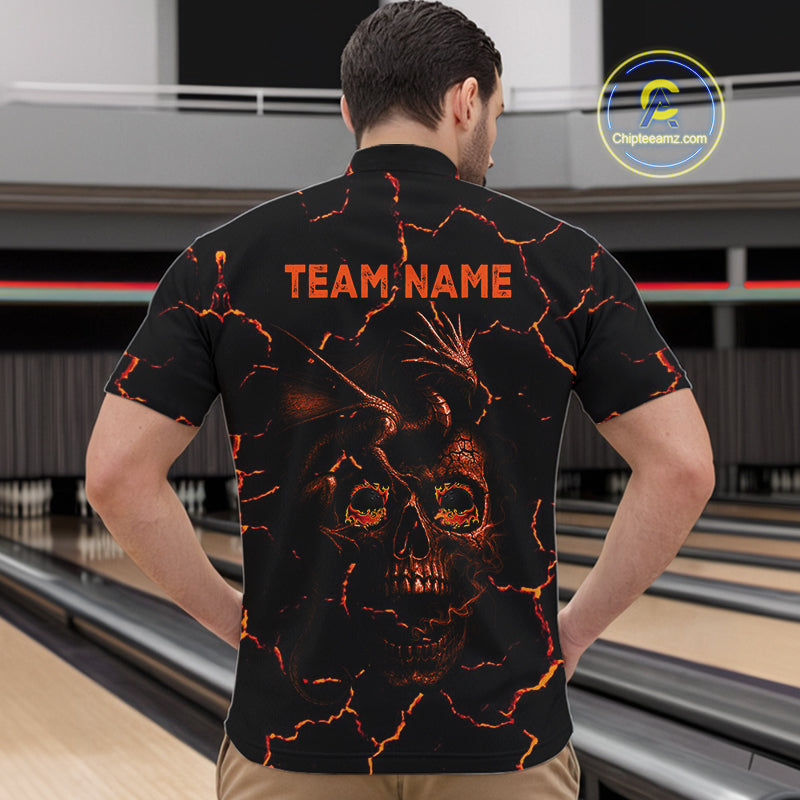 Black And Orange Skull Dragon Bowling Polo, 1/4 Zip Shirt For Men Custom Bowling Team League Jersey NQS10629