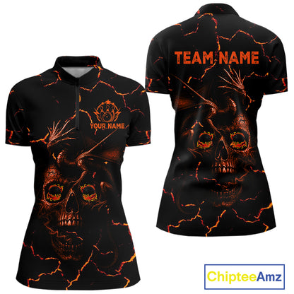 Black And Orange Skull Dragon Bowling Polo, 1/4 Zip Shirt For Women Custom Bowling Team League Jersey NQS10629