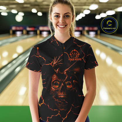 Black And Orange Skull Dragon Bowling Polo, 1/4 Zip Shirt For Women Custom Bowling Team League Jersey NQS10629