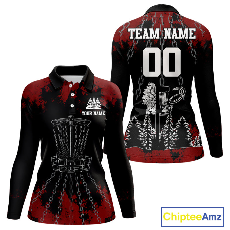 Black and Red Disc golf basket chain Women disc golf polo shirt custom disc golf outfit for team NQS10438