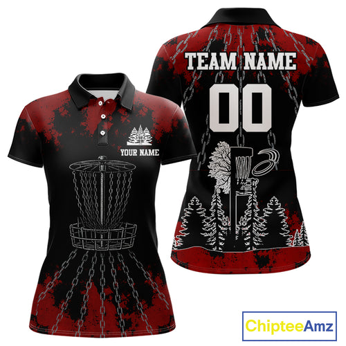 Black and Red Disc golf basket chain Women disc golf polo shirt custom disc golf outfit for team NQS10438